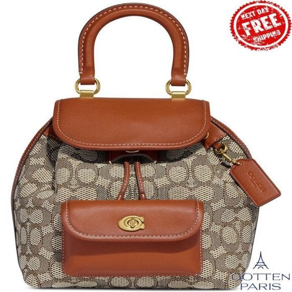 Coach Handbags - COACH Riya Signature Textile Jacquard Small Backpack Cocoa Burnished Amber Women
